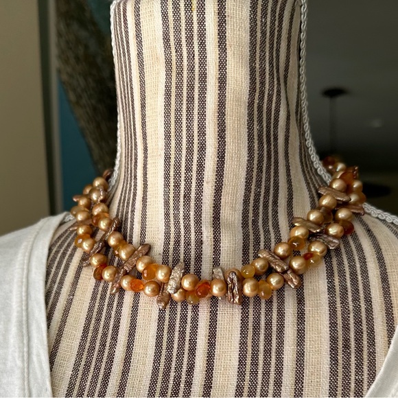 Amber Agate Biwa Pearl Sterling Double Layered Choker Necklace OOAK Handmade - Picture 3 of 16